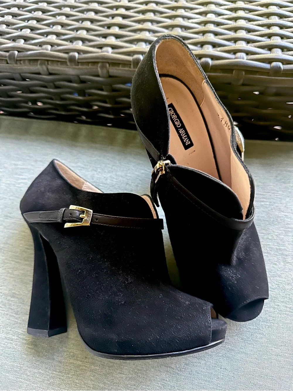 Giorgio Armani Black Suede Peep-Toe Ankle Booties with Gold Buckle Size 35